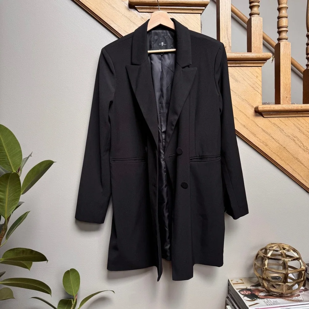 7‎ For All Mankind Double Breasted Power Blazer Dress Longline L Padded Shoulder